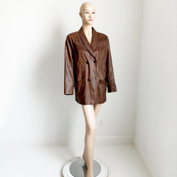 VIVA Brown Leather Jacket Made in Finland Size 44 Retro 80s Double Breasted - Picture 2 of 8